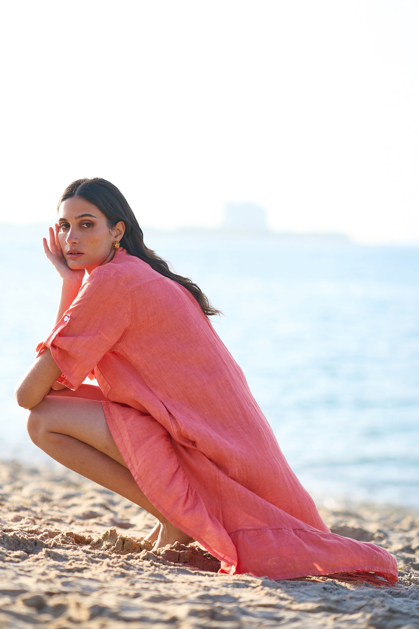Yumi Coral Italian Linen Shirt Dress With Frill Hem SHIRT Yumi