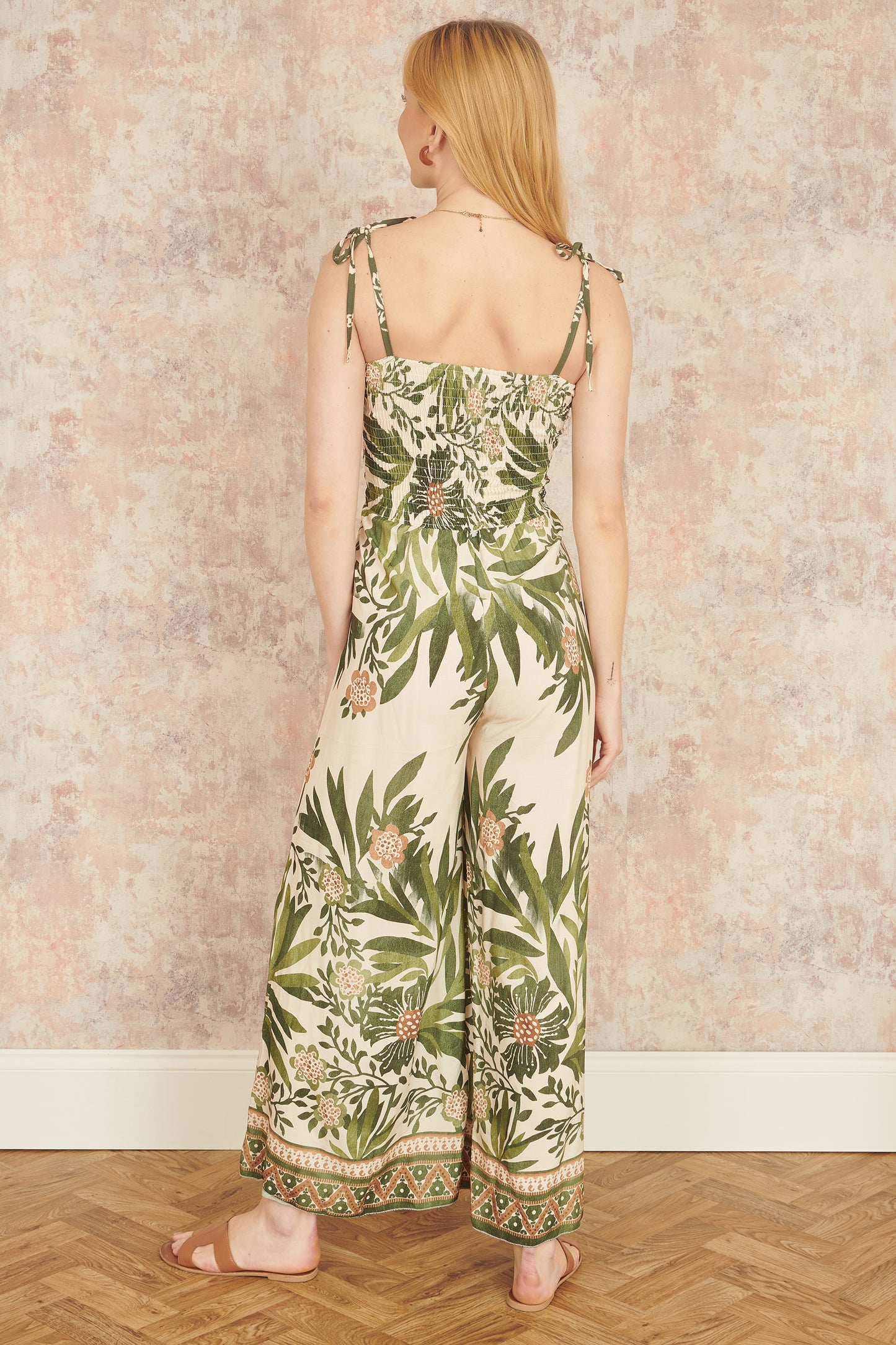 Yumi Green Palm Print Strappy Viscose Jumpsuit JUMPSUIT Yumi