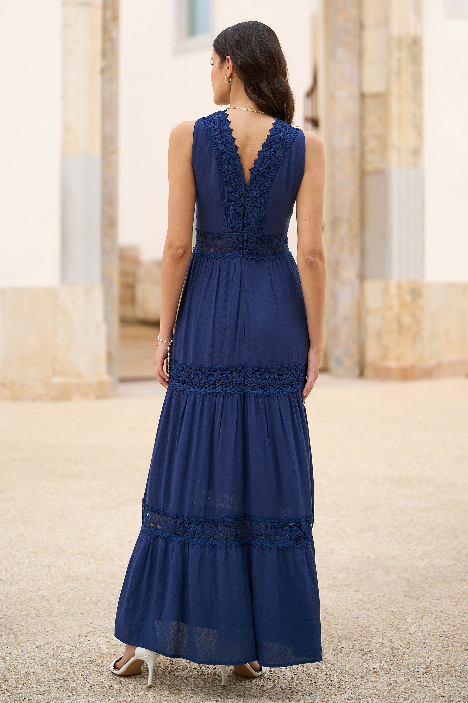 Yumi Navy Lace Trim Cotton Midi Sun Dress DRES Day Yumi