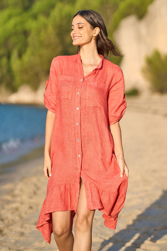 Yumi Coral Italian Linen Shirt Dress With Frill Hem SHIRT Yumi