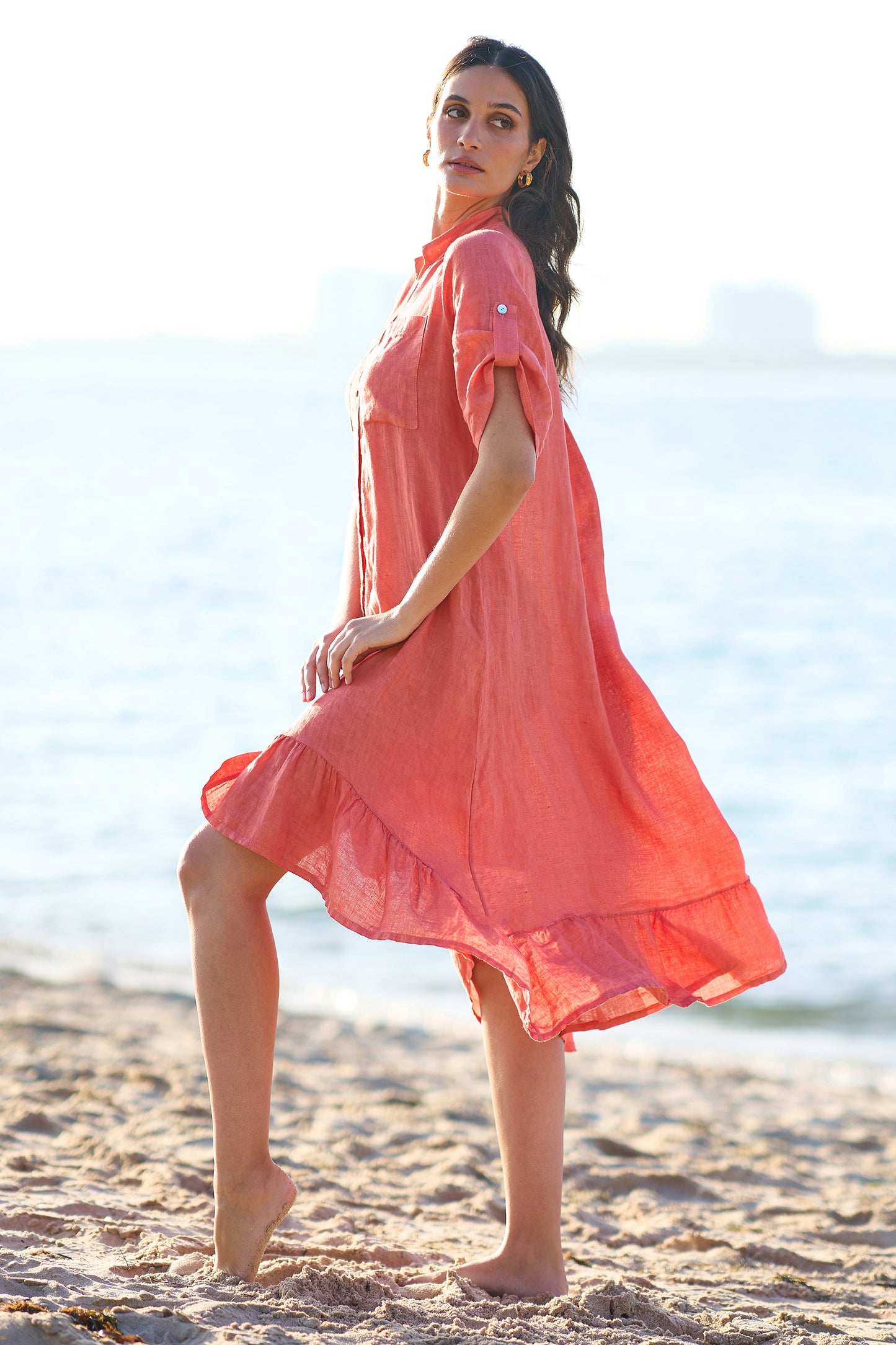 Yumi Coral Italian Linen Shirt Dress With Frill Hem SHIRT Yumi