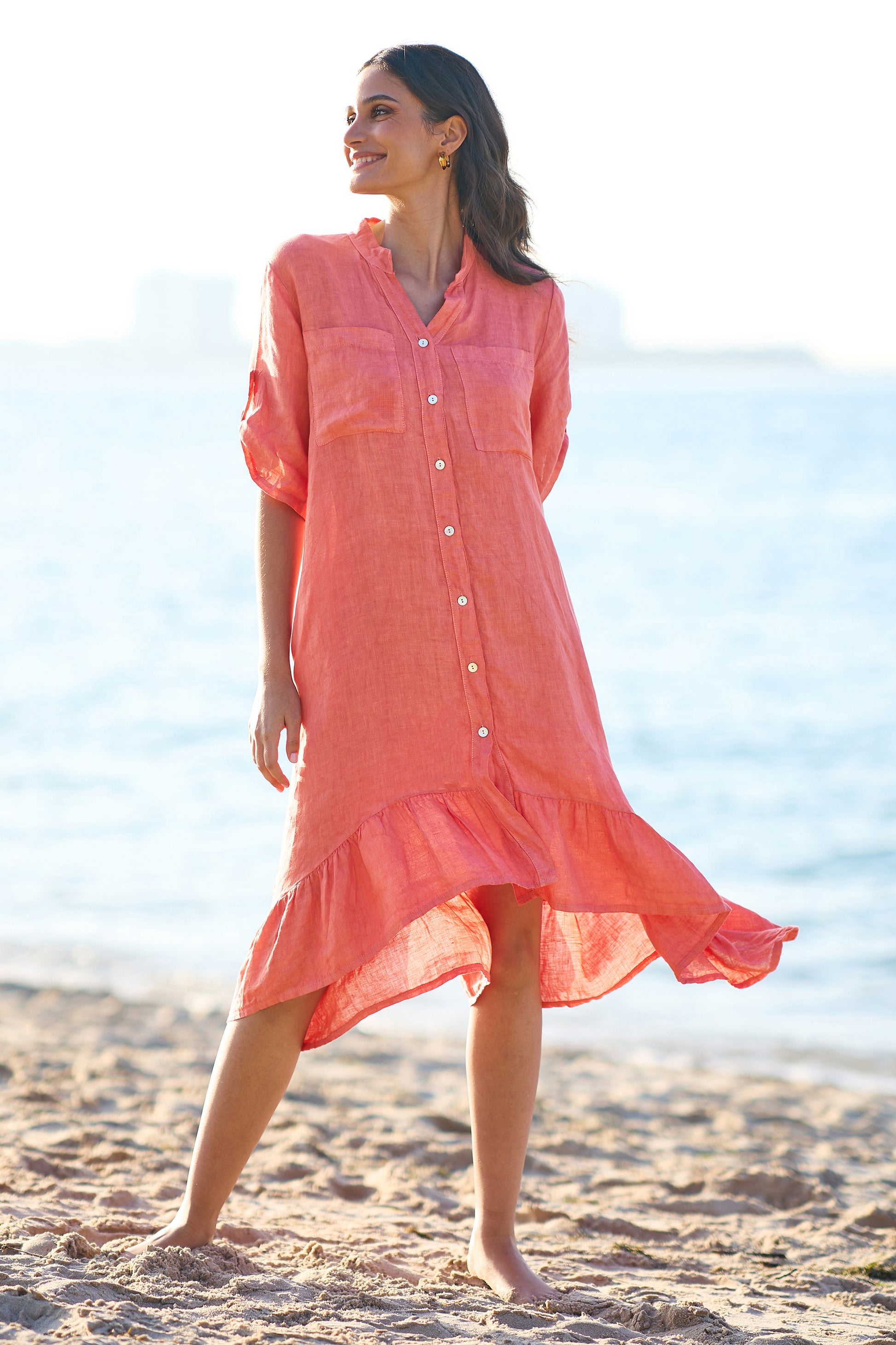 Yumi Coral Italian Linen Shirt Dress With Frill Hem SHIRT Yumi