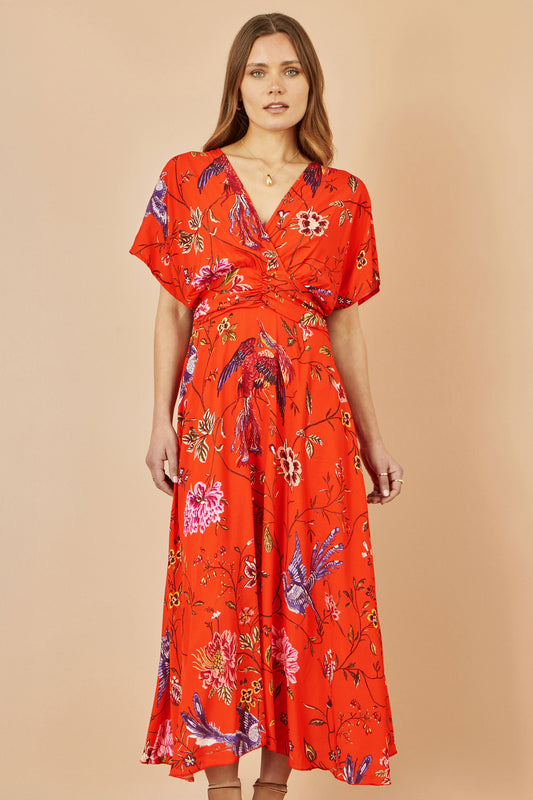 Yumi Orange Viscose Bird and Floral Print Kimono Midi Dress DRES Day Yumi