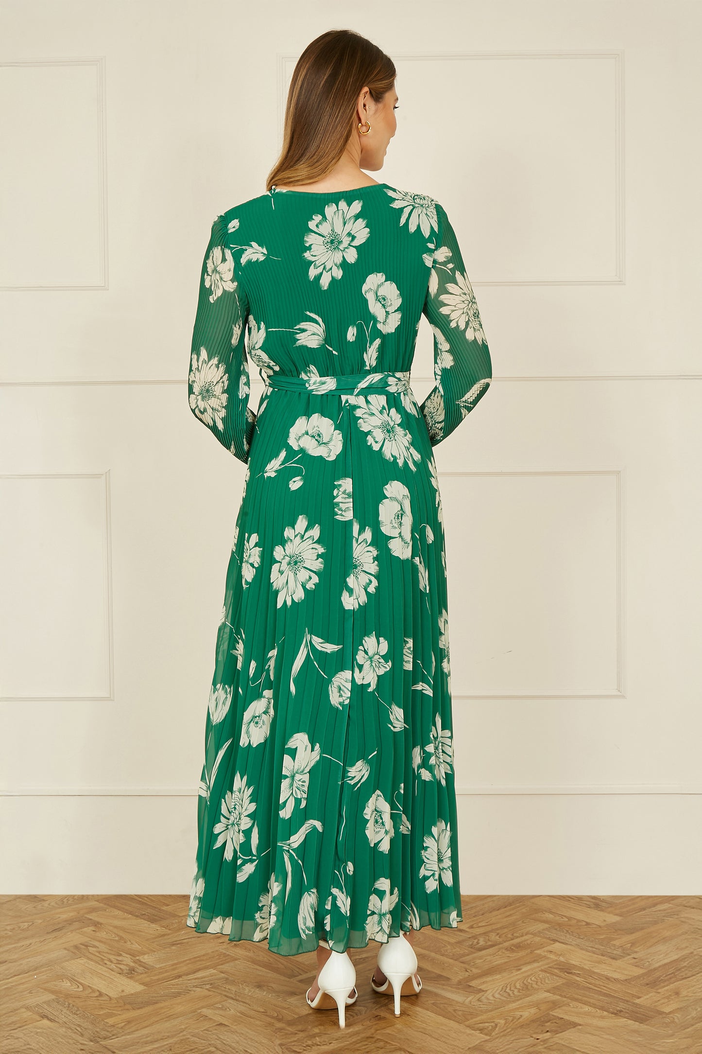 Yumi Green Floral Pleated Midi Wrap Long Sleeve Dress Occasionwear Yumi
