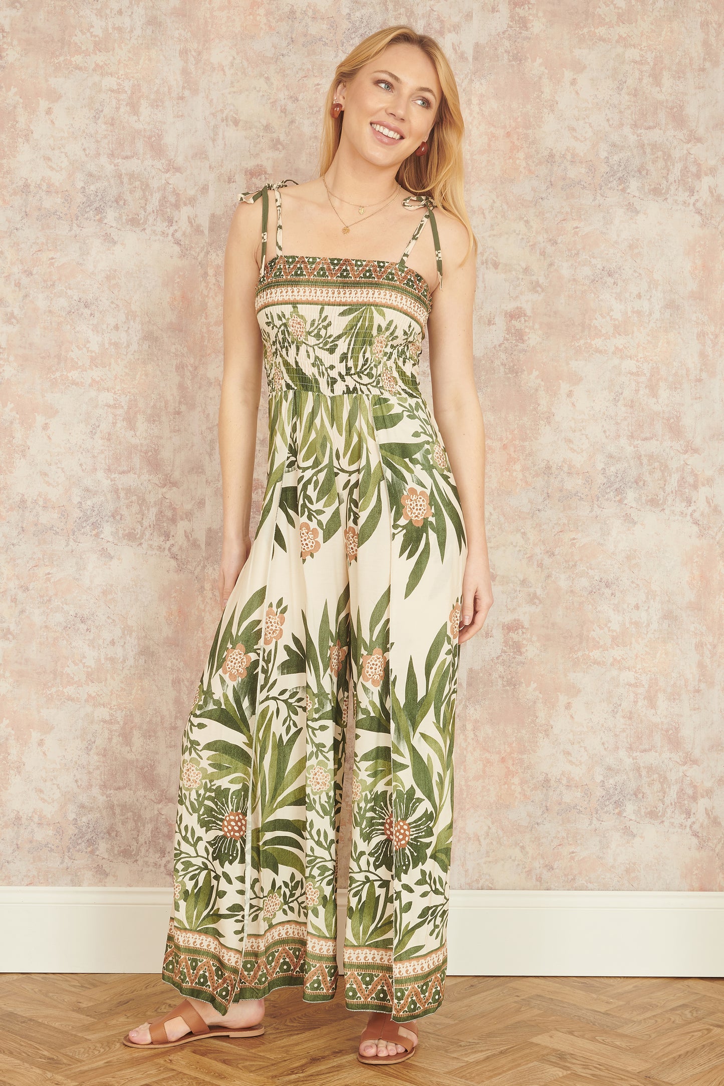 Yumi Green Palm Print Strappy Viscose Jumpsuit JUMPSUIT Yumi