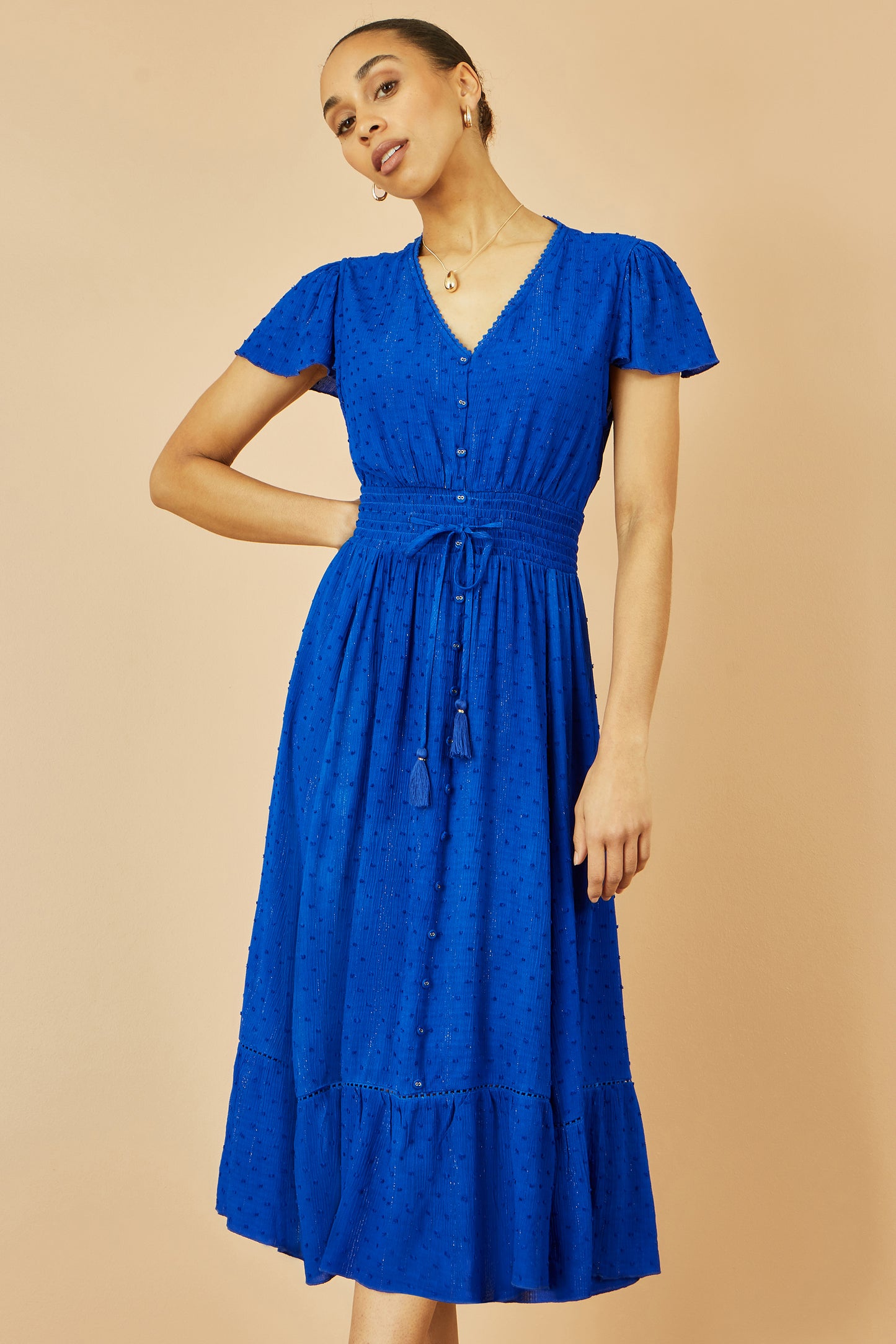 Yumi Blue Button Detail Midi Dress With Ruched Waist And Metallic Thread Dress Casual Yumi