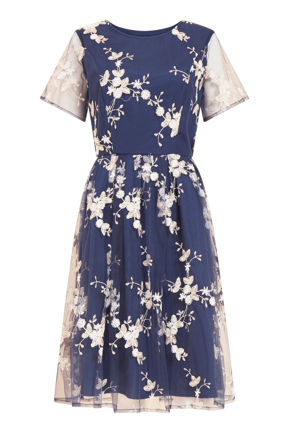 Yumi Navy Embroidered Floral Skater Dress Yumi